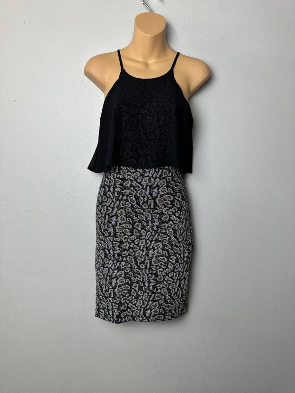 A. Byer Metallic Monochromatic Leopard Print Faux 2 Piece Mini Dress